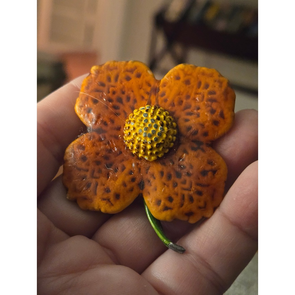 Orange Flower Brooch Ceramic or Enameled Metal Vintage